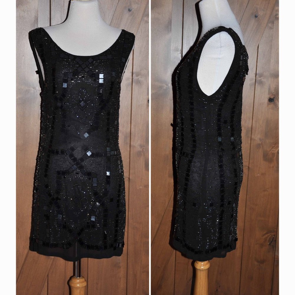 Free People Black Beaded & Sequin Mirrored Sleeveless Gatsby Flapper Short Dress